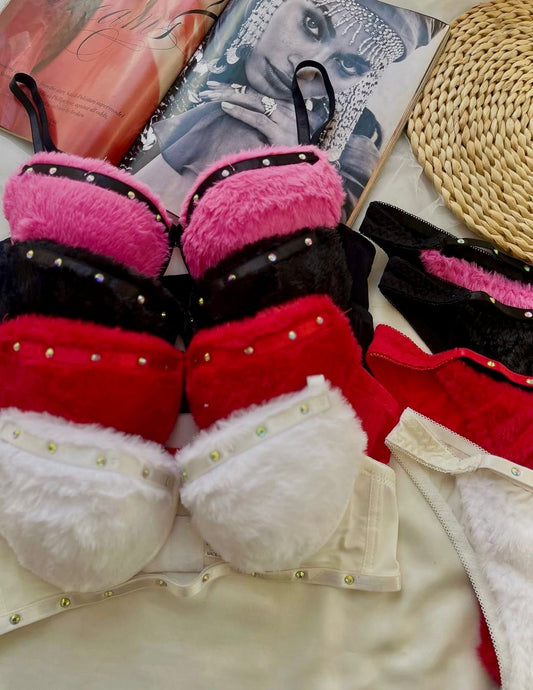 LUXURY FUZZY RHINESTONE BRA SET