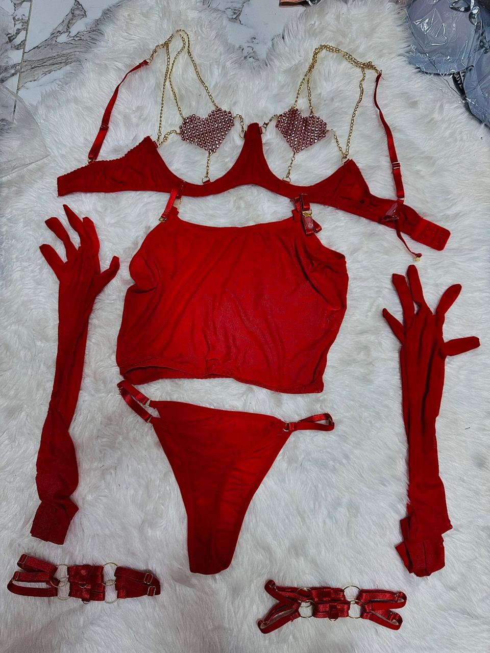 Heart Shaped Rhinestone Lingerie Set