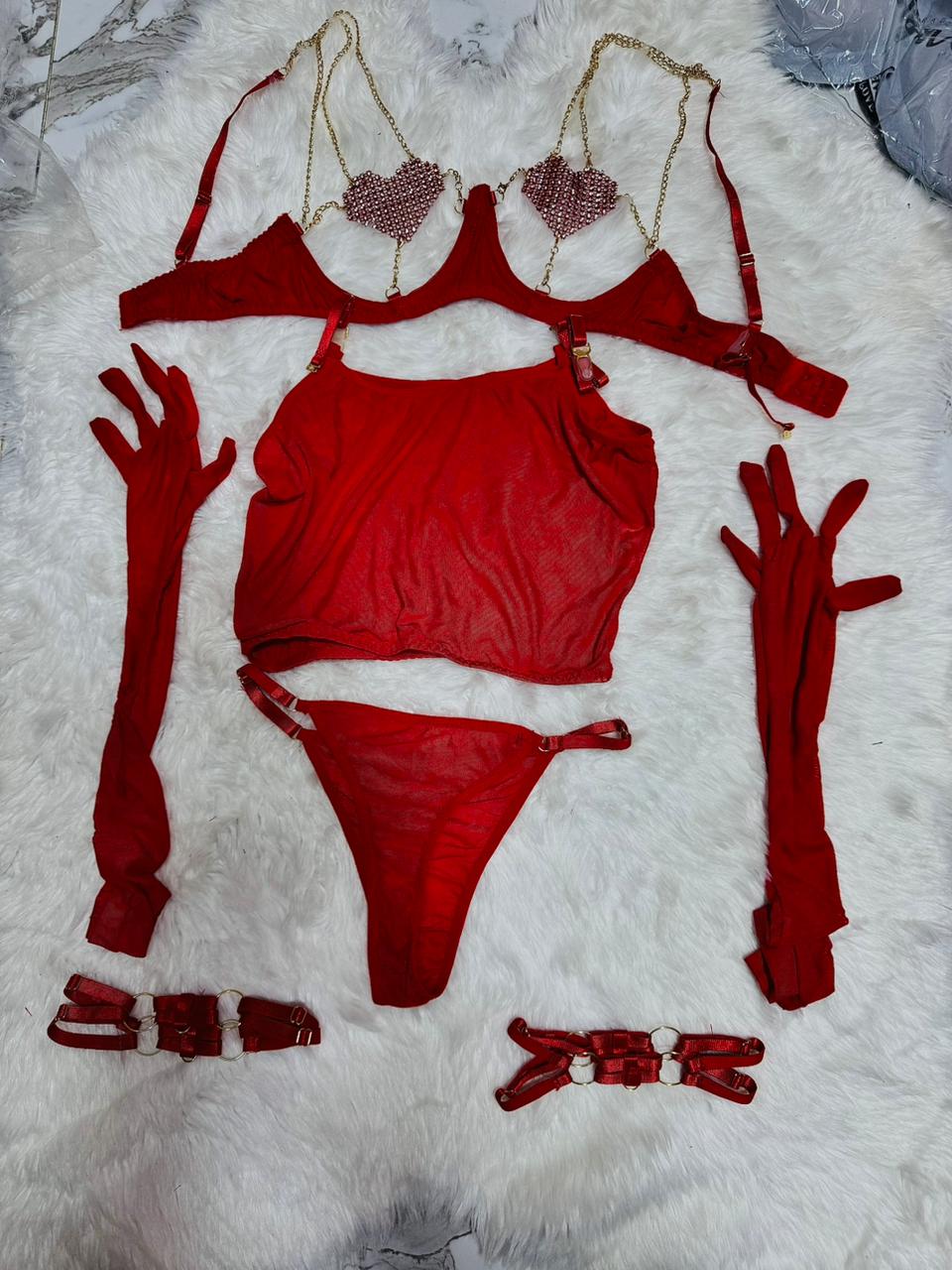 Heart Shaped Rhinestone Lingerie Set