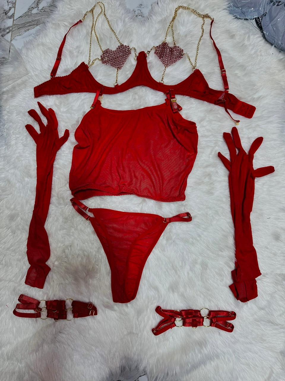 Heart Shaped Rhinestone Lingerie Set