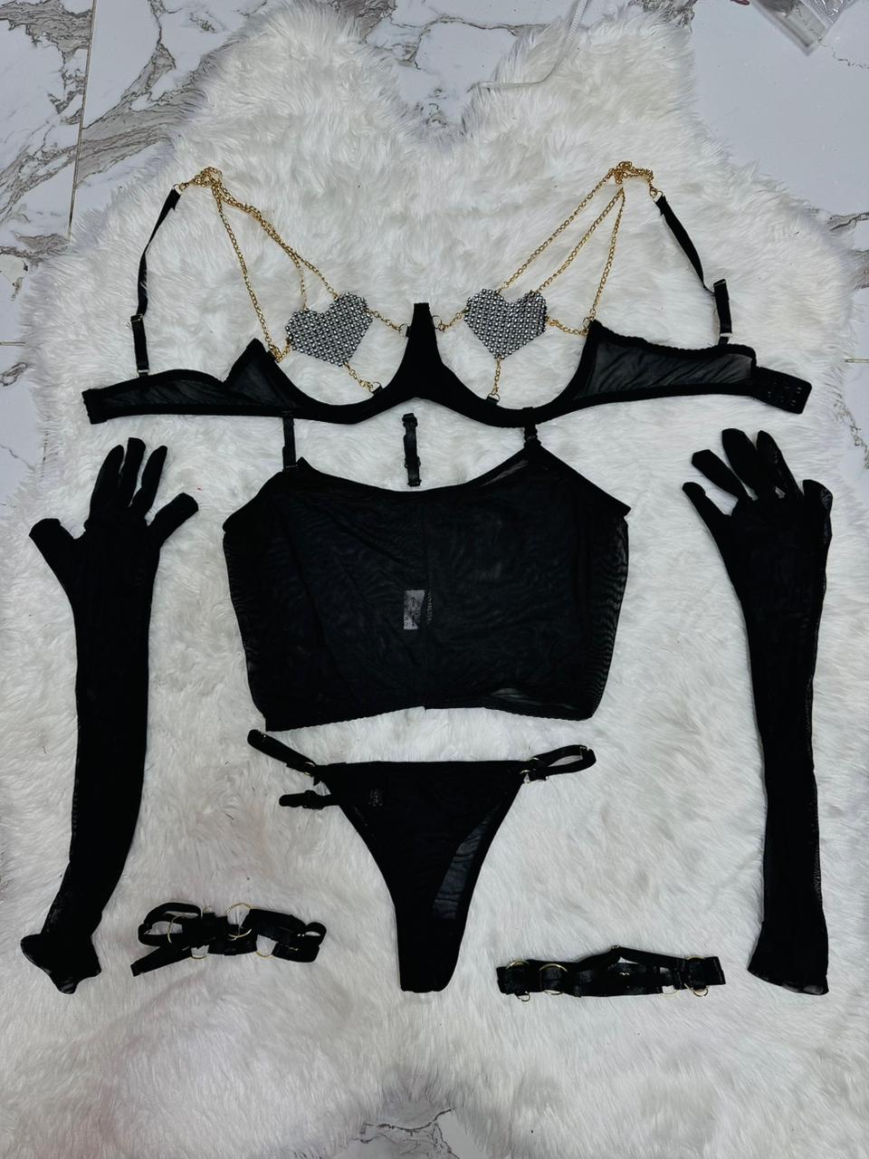 Heart Shaped Rhinestone Lingerie Set