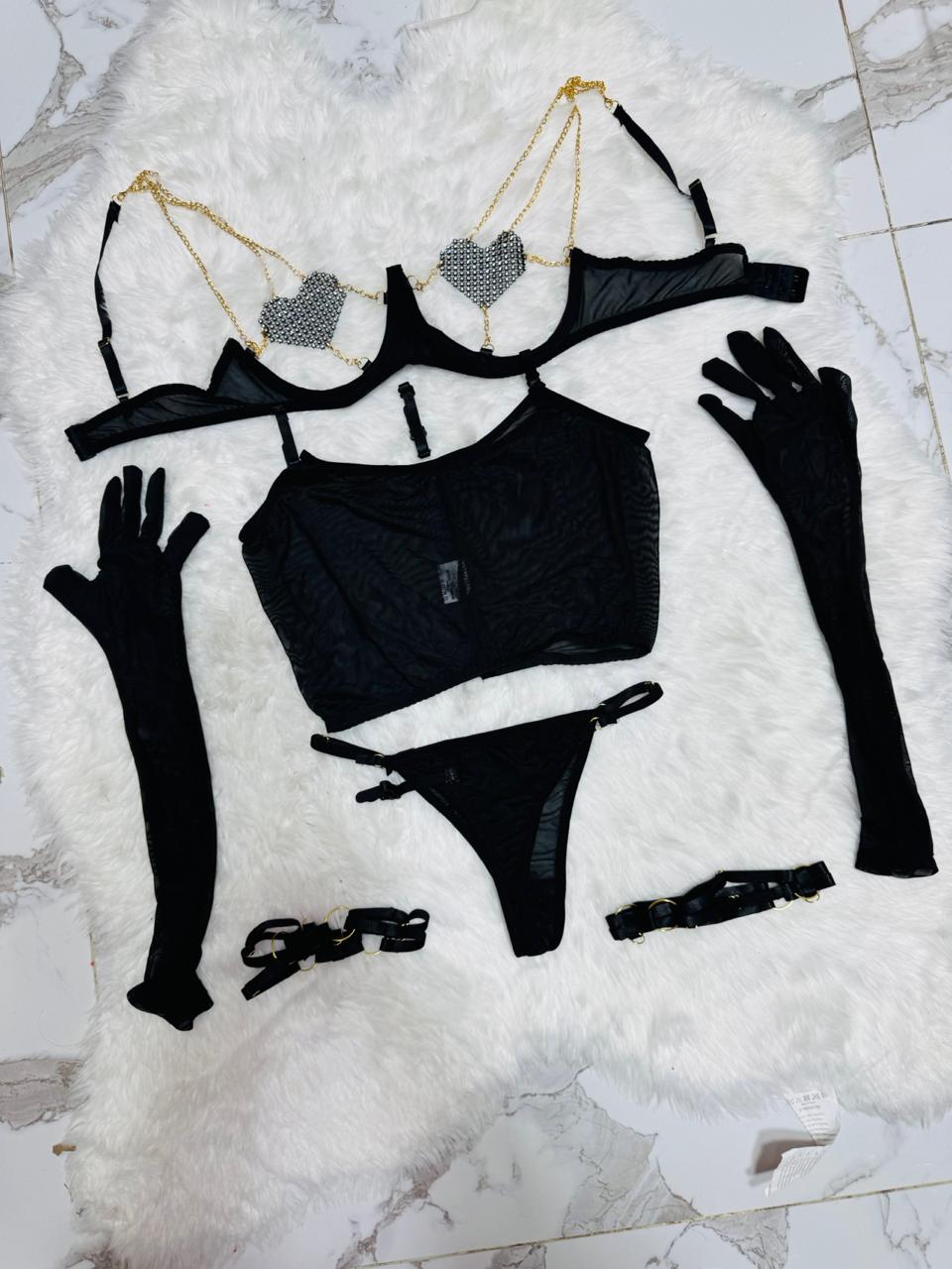 Heart Shaped Rhinestone Lingerie Set