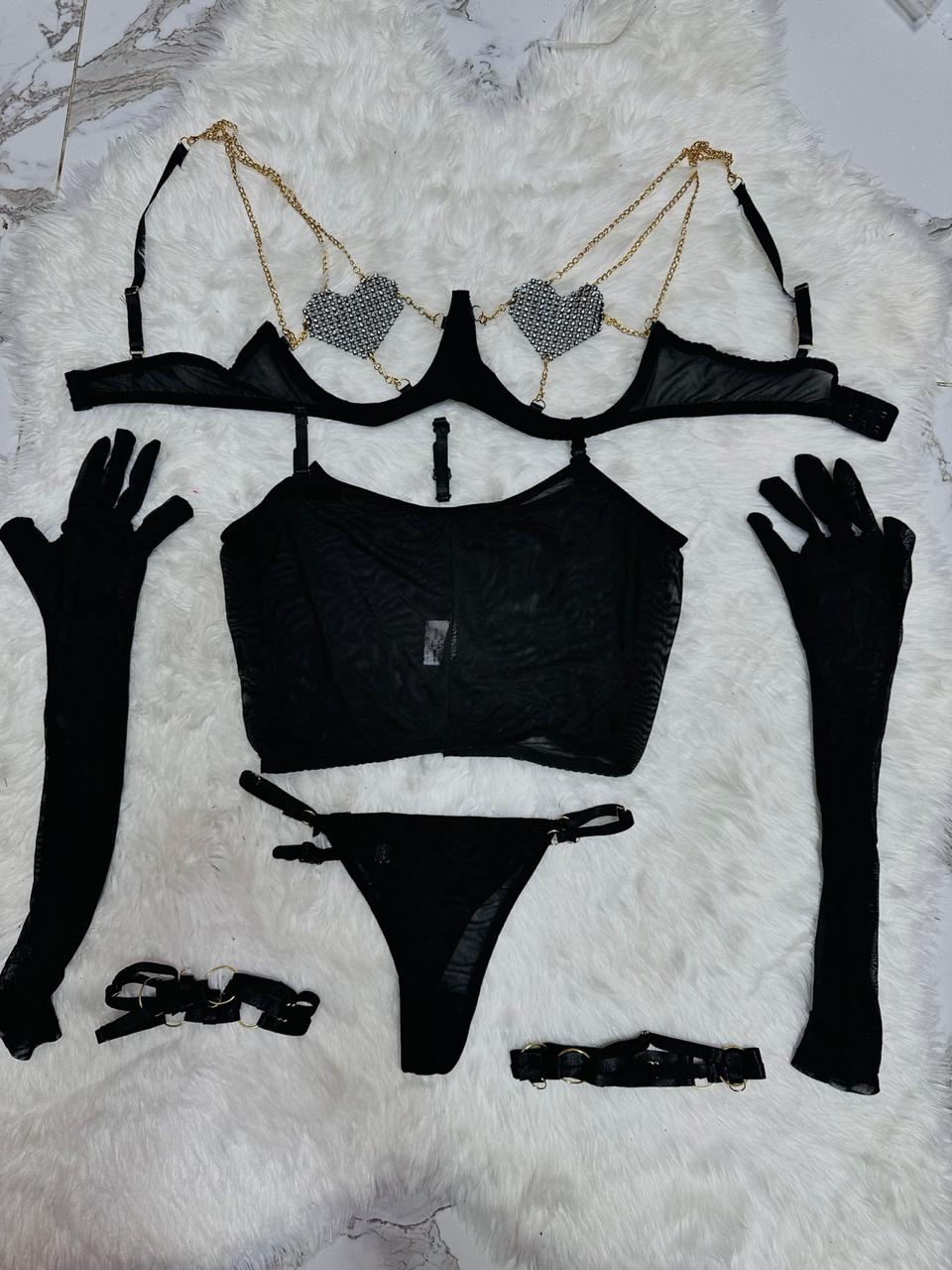 Heart Shaped Rhinestone Lingerie Set