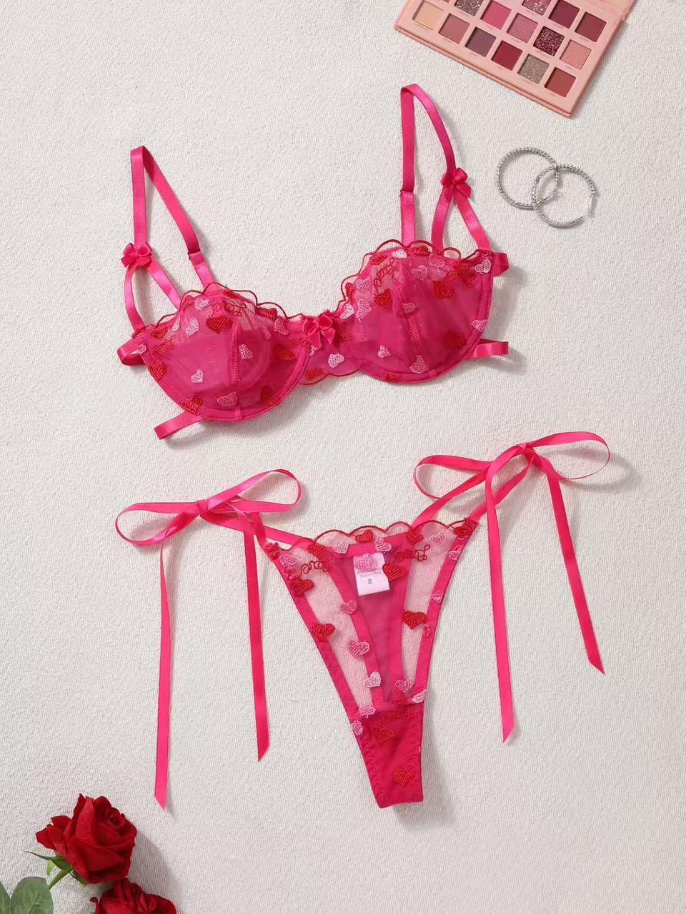 Heart-Embroidered Satin Lingerie Set