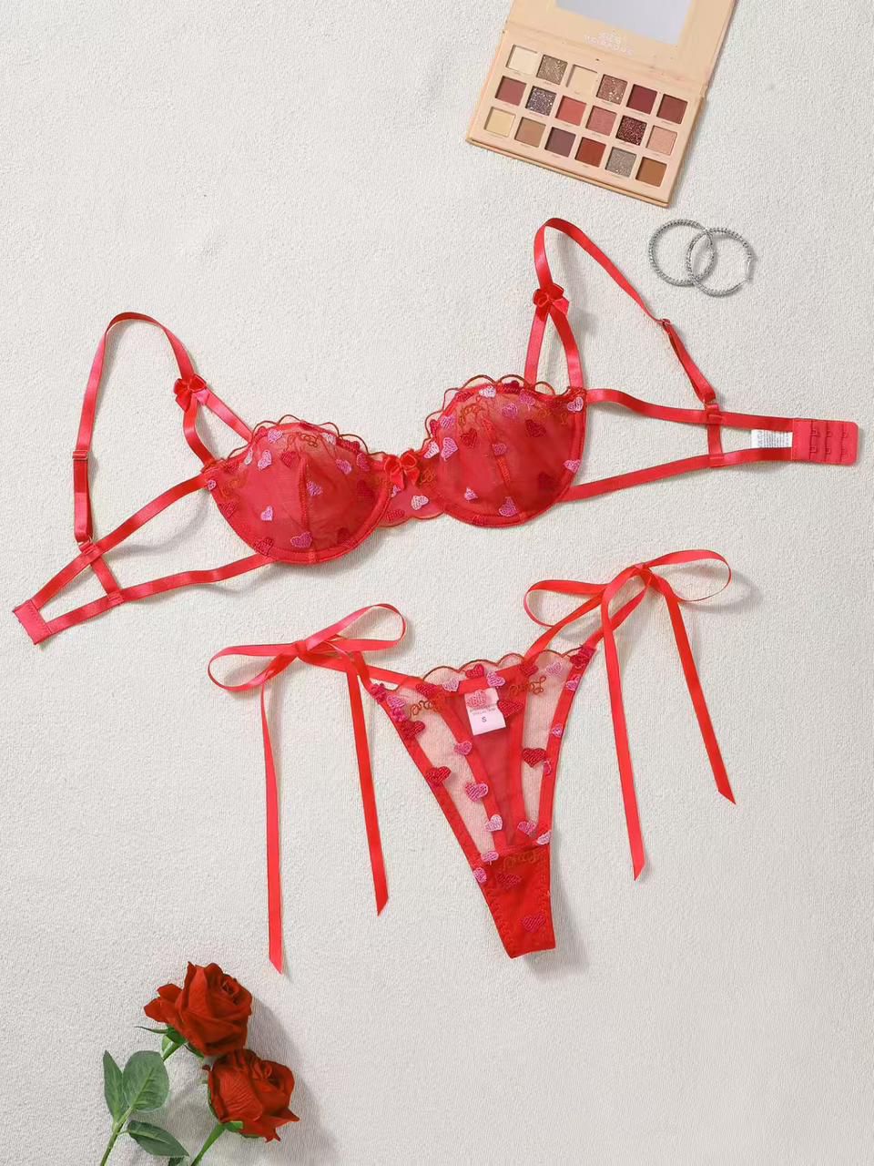 Heart-Embroidered Satin Lingerie Set