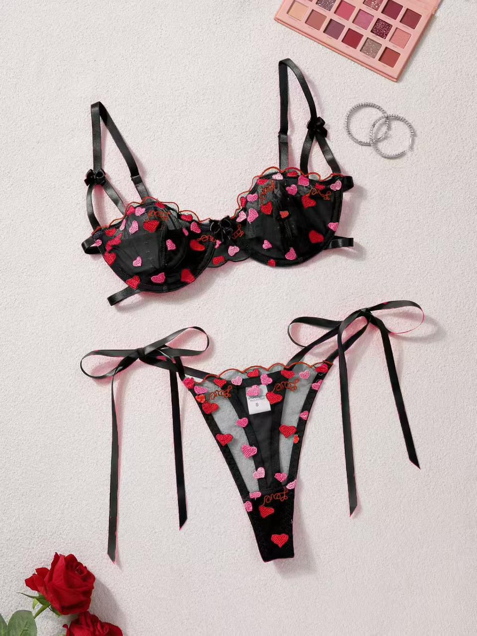 Heart-Embroidered Satin Lingerie Set