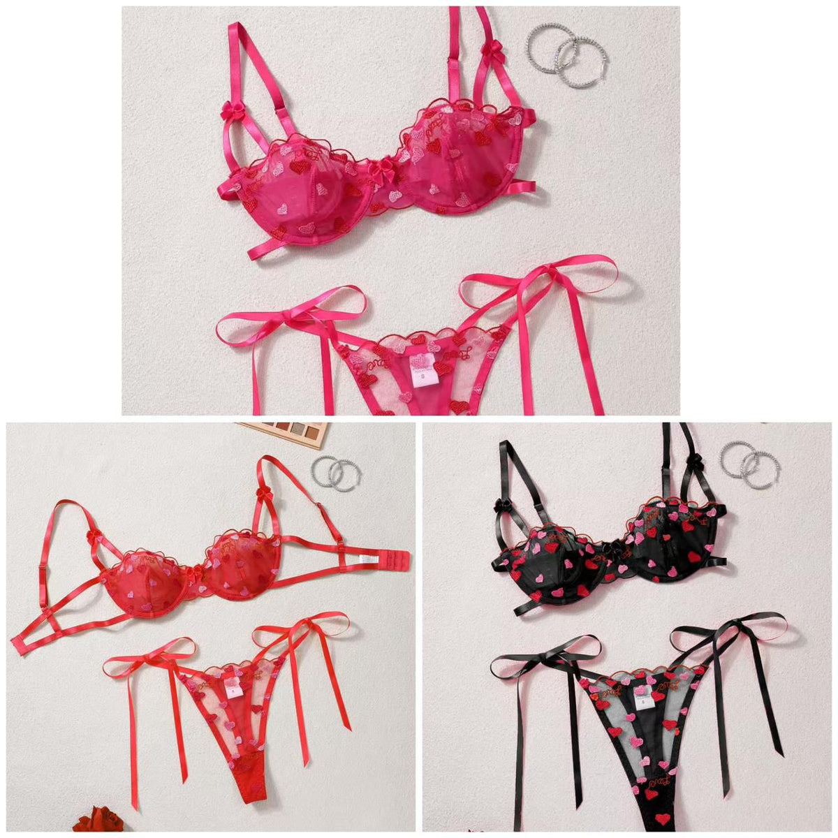 Heart-Embroidered Satin Lingerie Set
