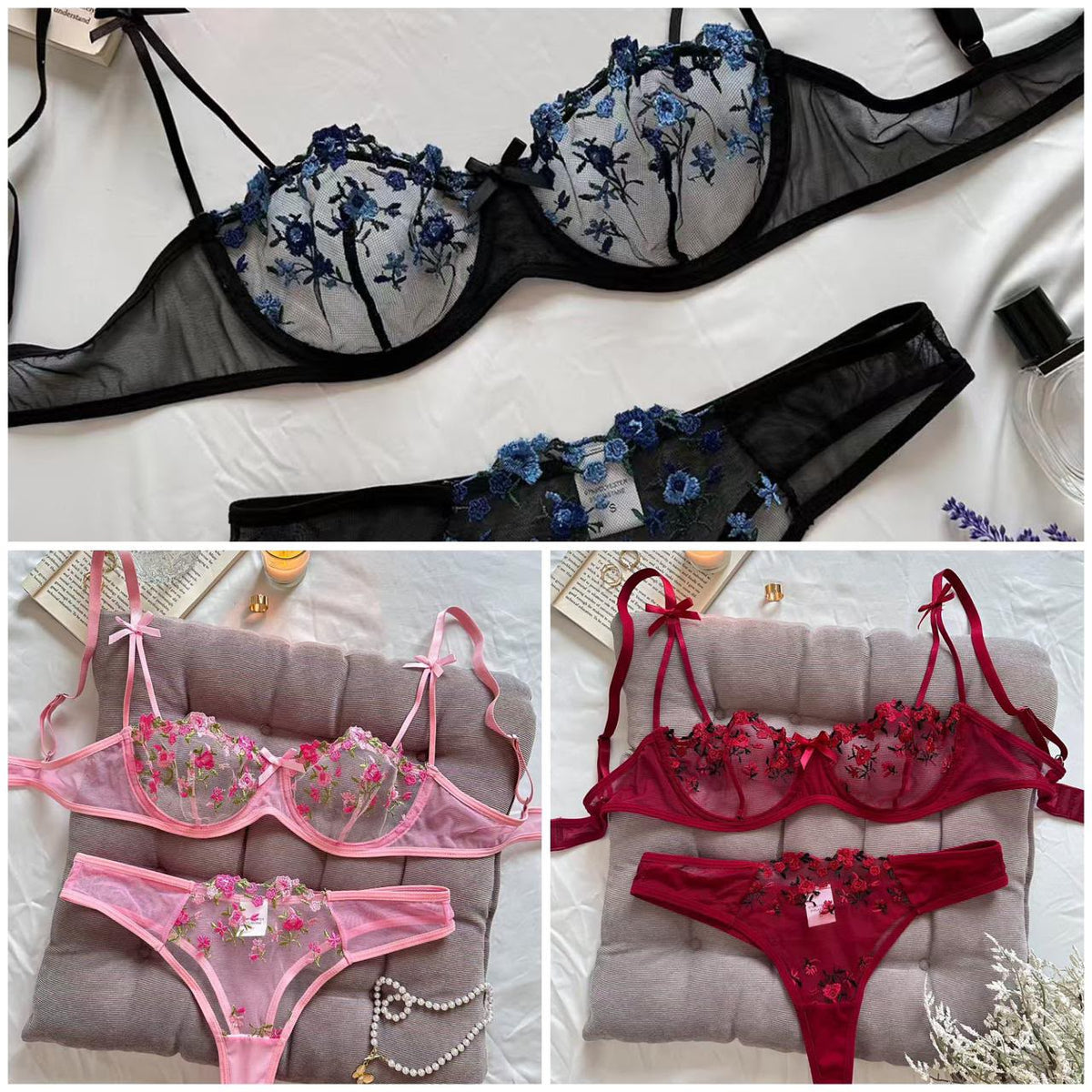 Midnight Rose Floral Lace Bra Set